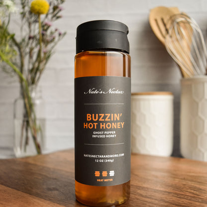 Nate's Nectar Buzzin' Hot Honey, ghost pepper infused honey, medium hot honey