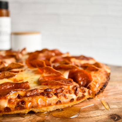 Nate's Nectar Natural Raw Honey, 1 lb squeeze bottle, honey drizzled on pizza, hot honey pizza