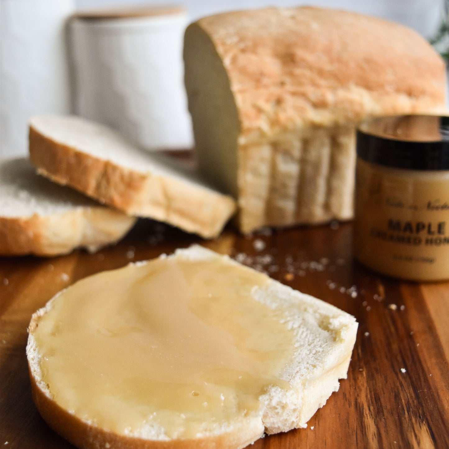 Nate's Nectar Maple Creamed Honey, 5.5 oz jar, spread on homemade bread