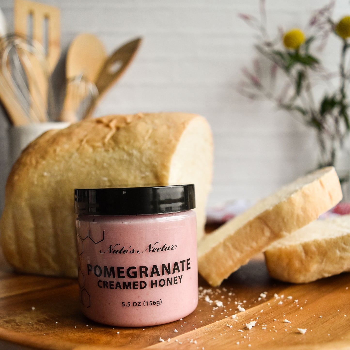 Nate's Nectar Pomegranate Creamed Honey, 5.5 oz plastic jar, natural ingredient spread, creamed honey spread on homemade bread