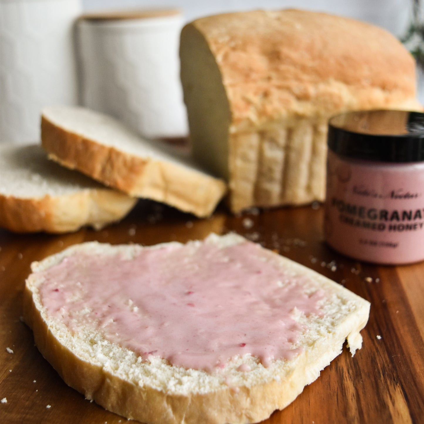 Nate's Nectar Pomegranate Creamed Honey, 5.5 oz plastic jar, natural ingredient spread, creamed honey spread on homemade bread