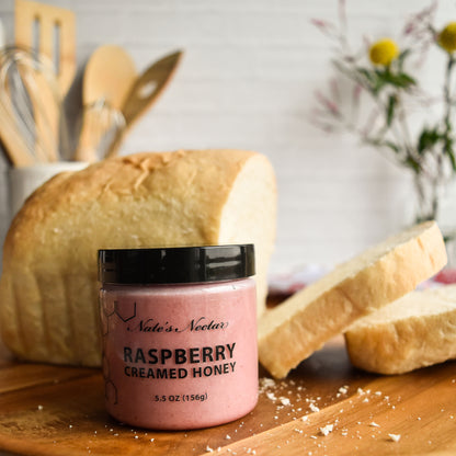 Raspberry Creamed Honey, Nate's Nectar Creamed Honey Collection, natural ingredient spread, 5.5 oz jar