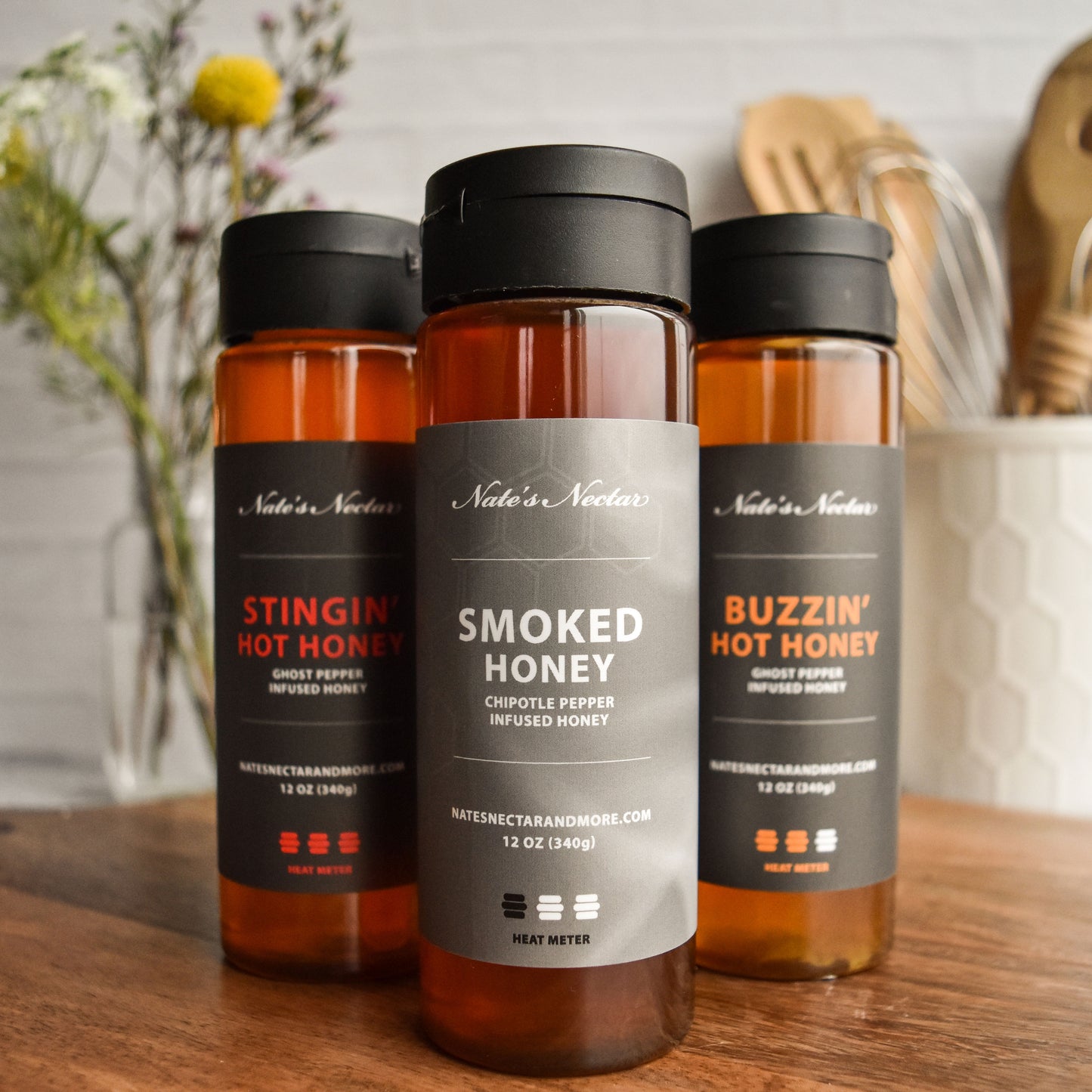 Nate's Nectar Smoked Honey, Hot Honey, Chipotle pepper infused natural honey, hot honey collection, ghost pepper infused hot hoeny