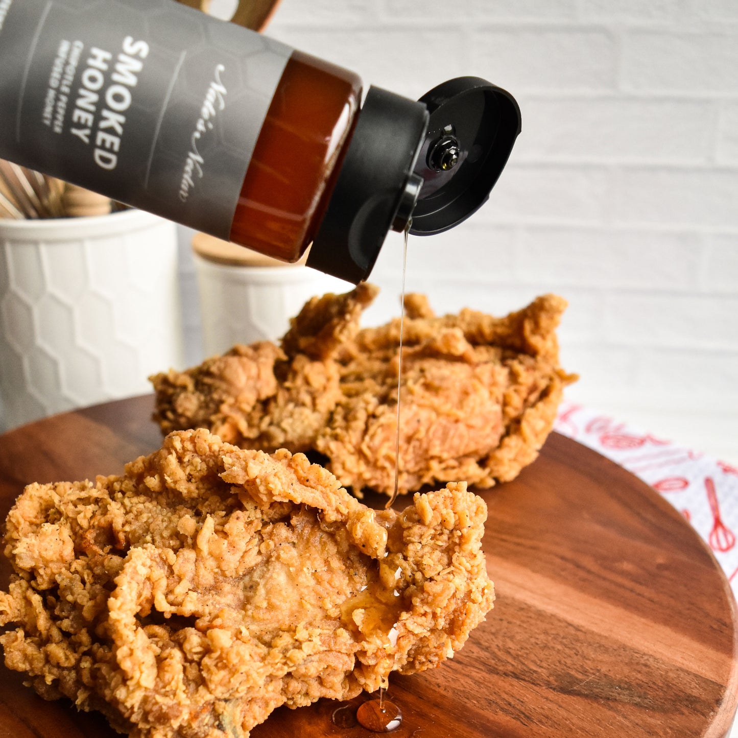 Nate's Nectar Smoked Honey, Hot Honey, Chipotle pepper infused natural honey, smoked honey drizzled on fried chicken