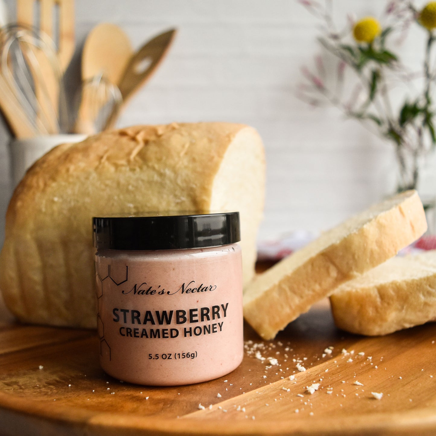 Nate's Nectar Strawberry Creamed Honey, natural ingredient spread, clean ingredient creamed honey, spread on homemade bread