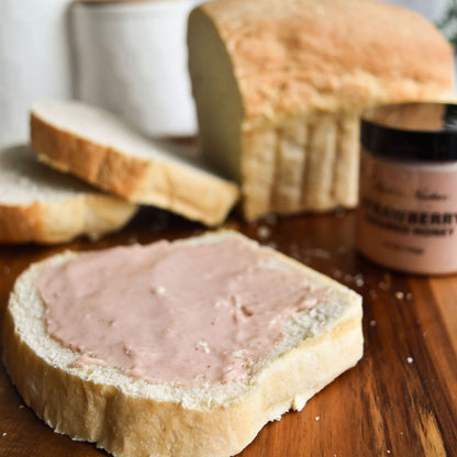 ate's Nectar Strawberry Creamed Honey, natural ingredient spread, clean ingredient creamed honey, creamed honey spread on homemade bread